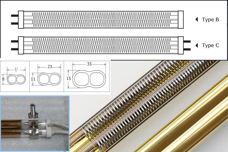 Medium wave infrared heating lamp, gold color double tube white single tube.