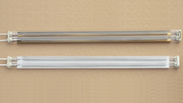 Twin tube medium wave quartz infrared emitter with Ni-Cr filament