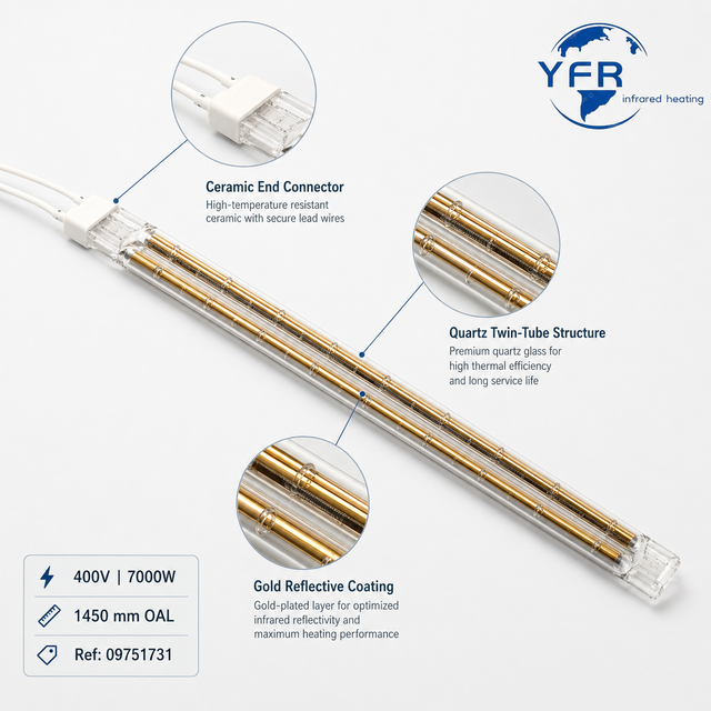 Gold-coated twin-tube Heidelberg replacement IR lamp for Heraeus infrared drying systems