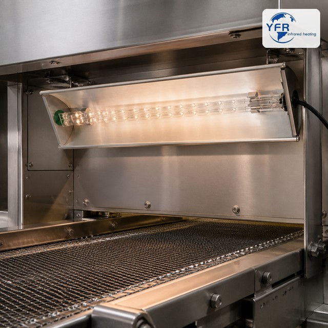 Infrared heating module installed above an industrial conveyor system