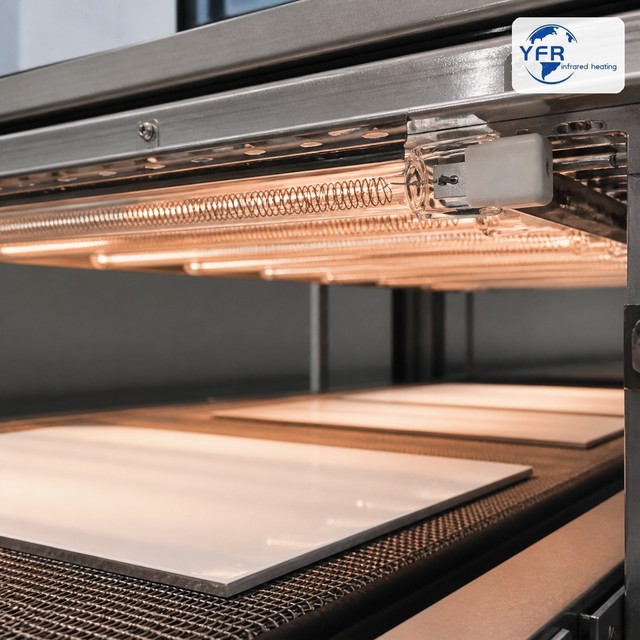Medium wave infrared heater lamps for industrial conveyor drying and heating